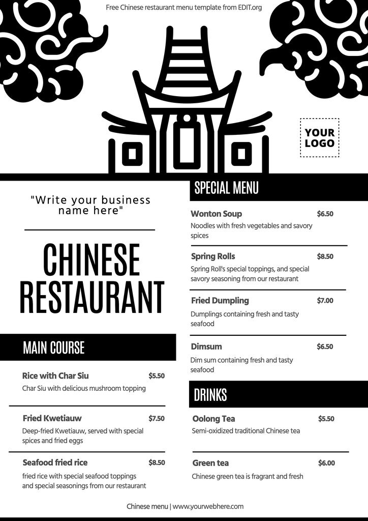 Free menu template for Chinese restaurant to print