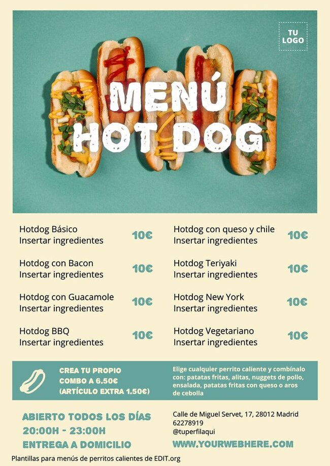 Crea un menú de Hot Dogs para restaurantes gratis