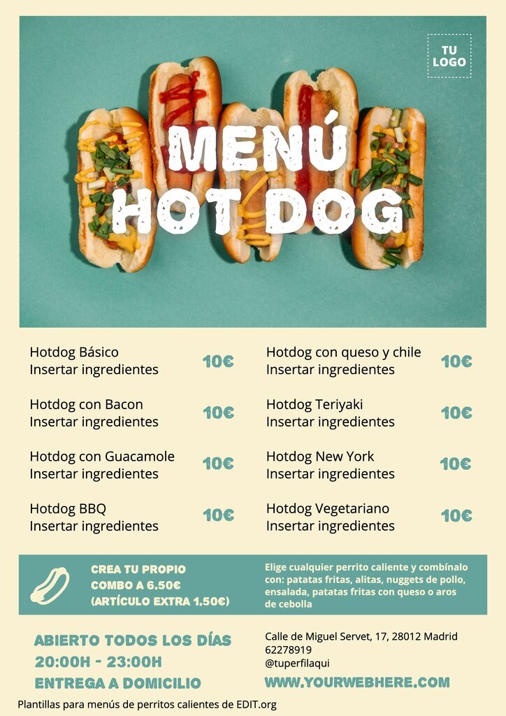 Diseños de menú de hot dogs y hamburguesas