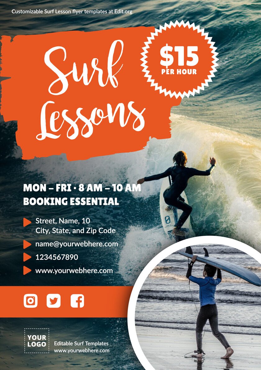 Customizable Surf camp flyer template for classes and courses