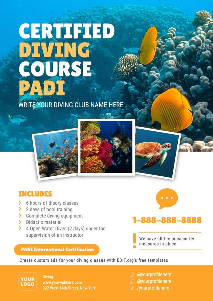 Scuba poster for diving courses to customize for free