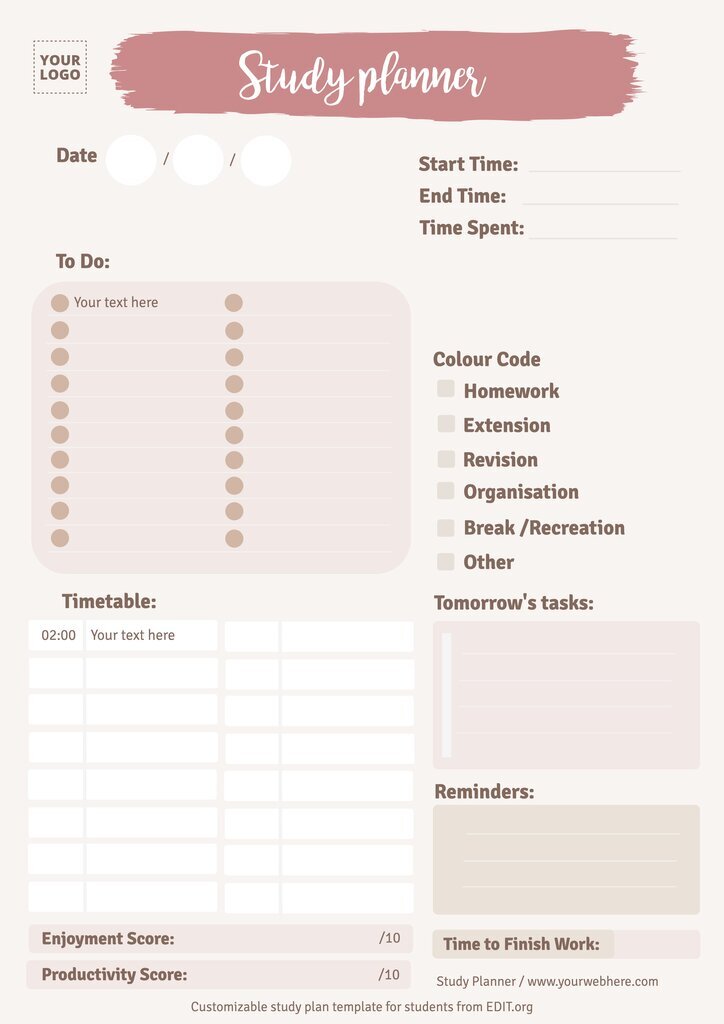 Study Plan Templates To Edit Online