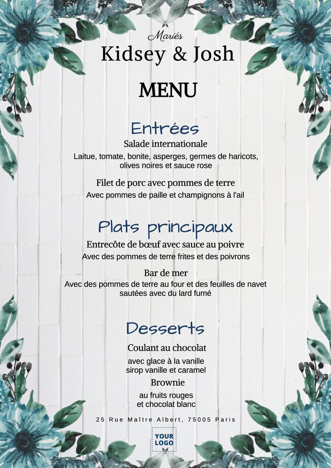 Modèles de menus et cartes de mariage