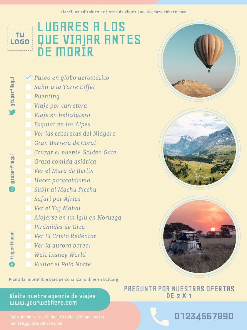 Plantilla de lista de lugares para viajar antes de morir