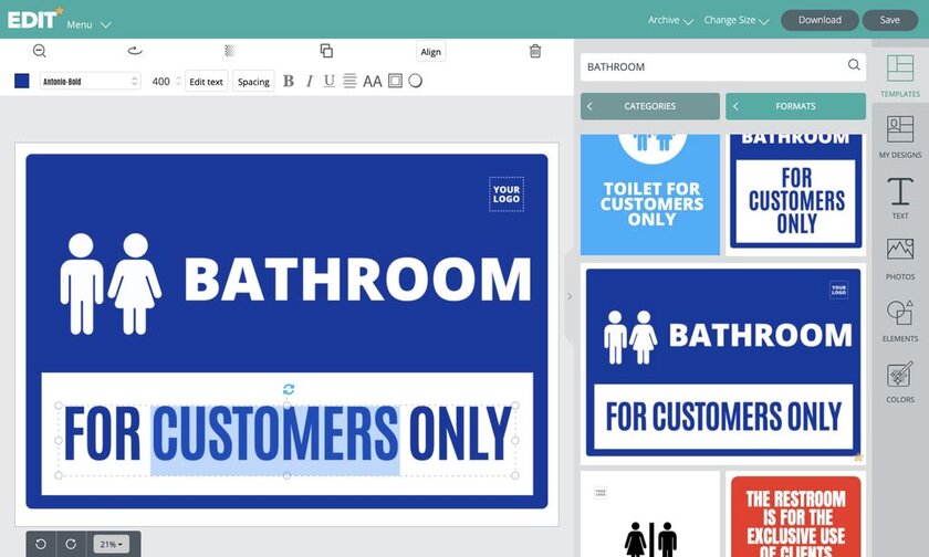 Graphic online editor with bathroom for customers only templates