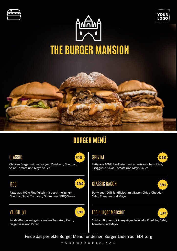 Bearbeitbare Vorlagen für Burger Speisekarten