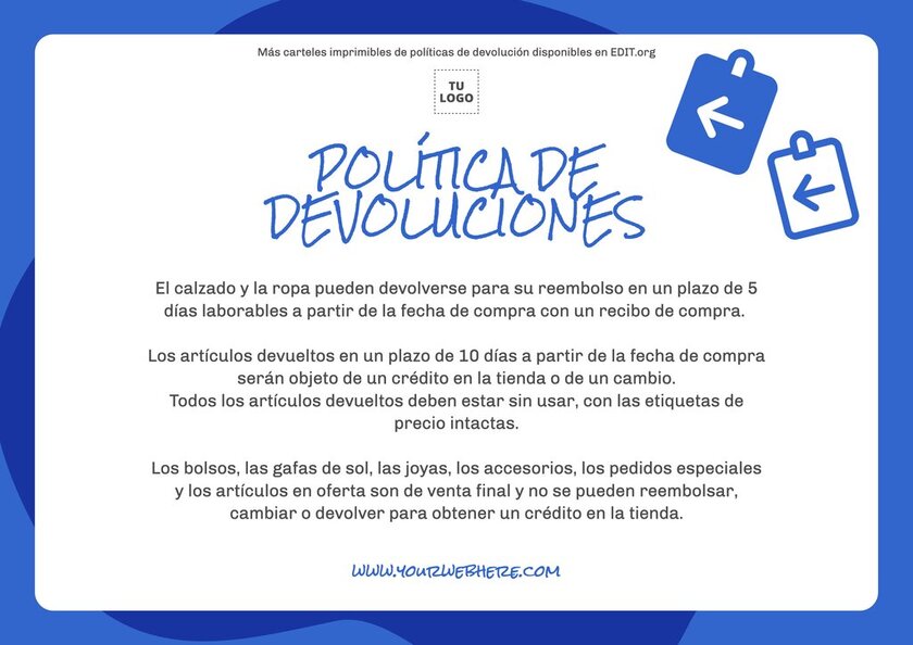 Personaliza carteles sobre políticas de cambios y devoluciones