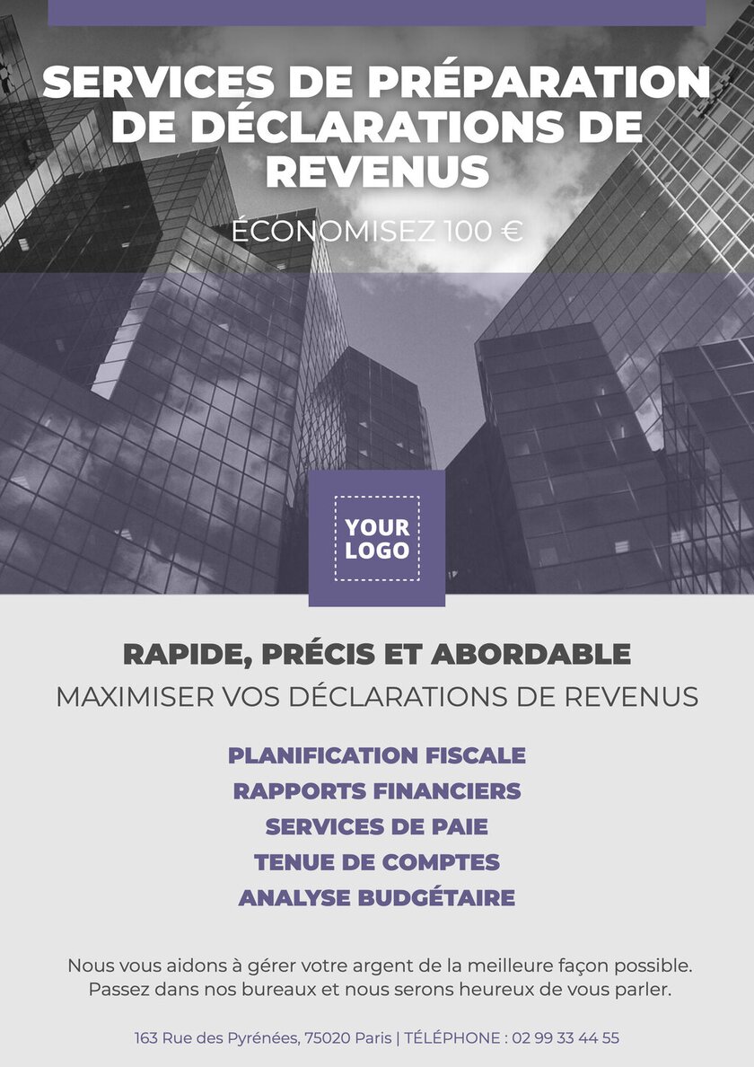 modèle de prospectus gris et violet avec vraie image pour des déclarations de revenus