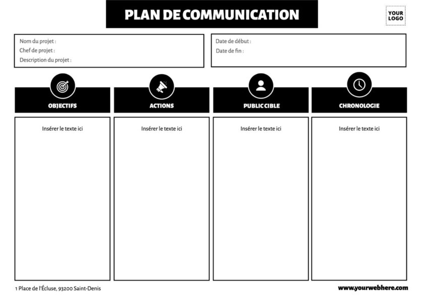modèle de plan de communication noir et blanc éditable en ligne