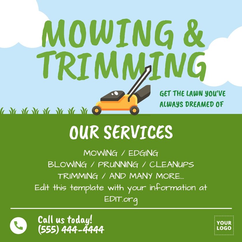 Poster or banner template for mowing the lawn and getting new clients