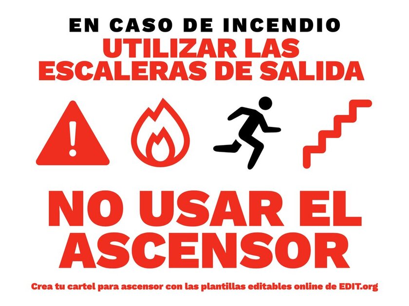 Cartel editable online para crear letreros imprimibles para señalización de ascensores y montacargas y uso de escaleras en caso de incendio