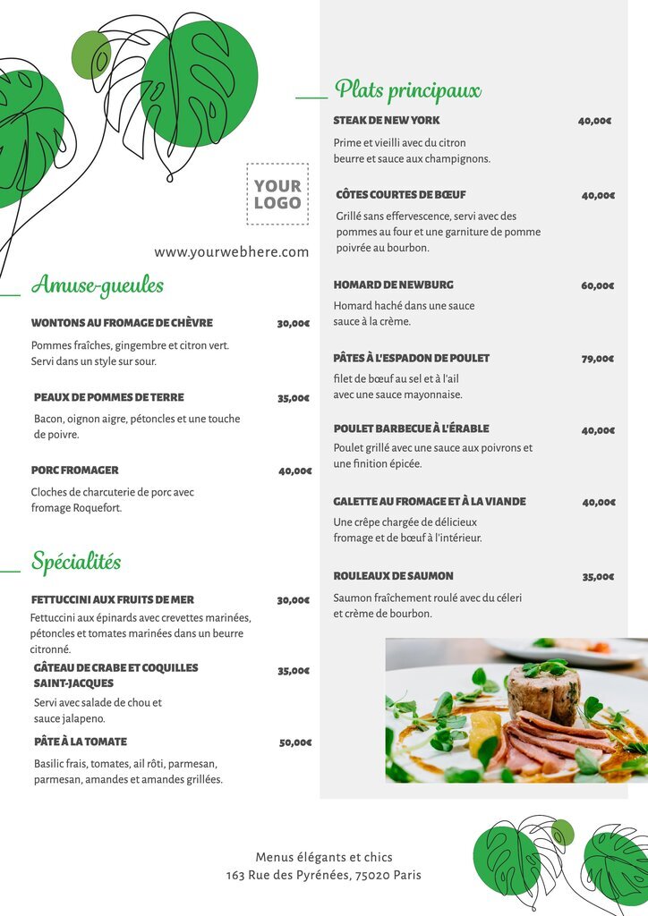 modèle de menu gris, vert et blanc pour un restaurant chic et élégant éditable en ligne