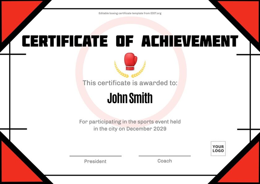 Customizable sports certificate format to print
