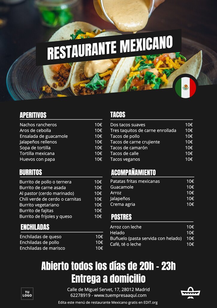 Diseño de carta para restaurantes de comida mexicana