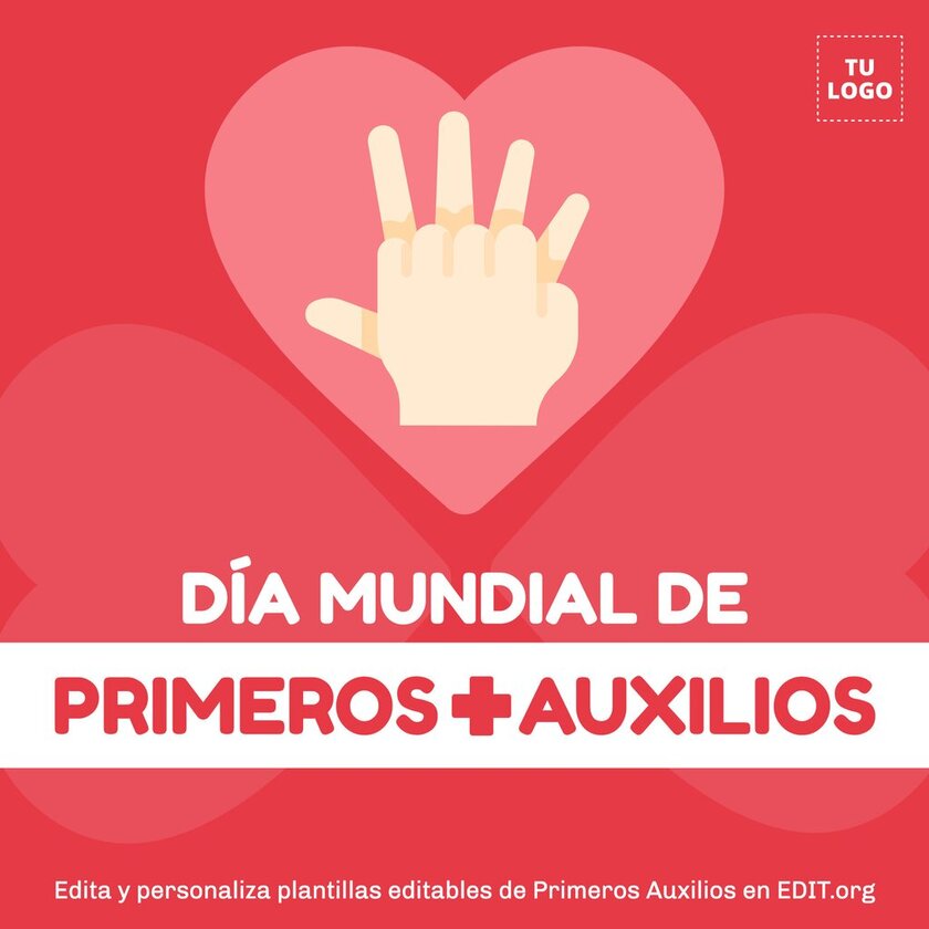 Banner editables para el Día Mundial de los Primeros Auxilios con imagen de corazón y manos encima