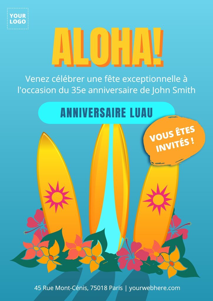Poster aloha pour un anniversaire aux thèmes de surf et Luau, dessinés