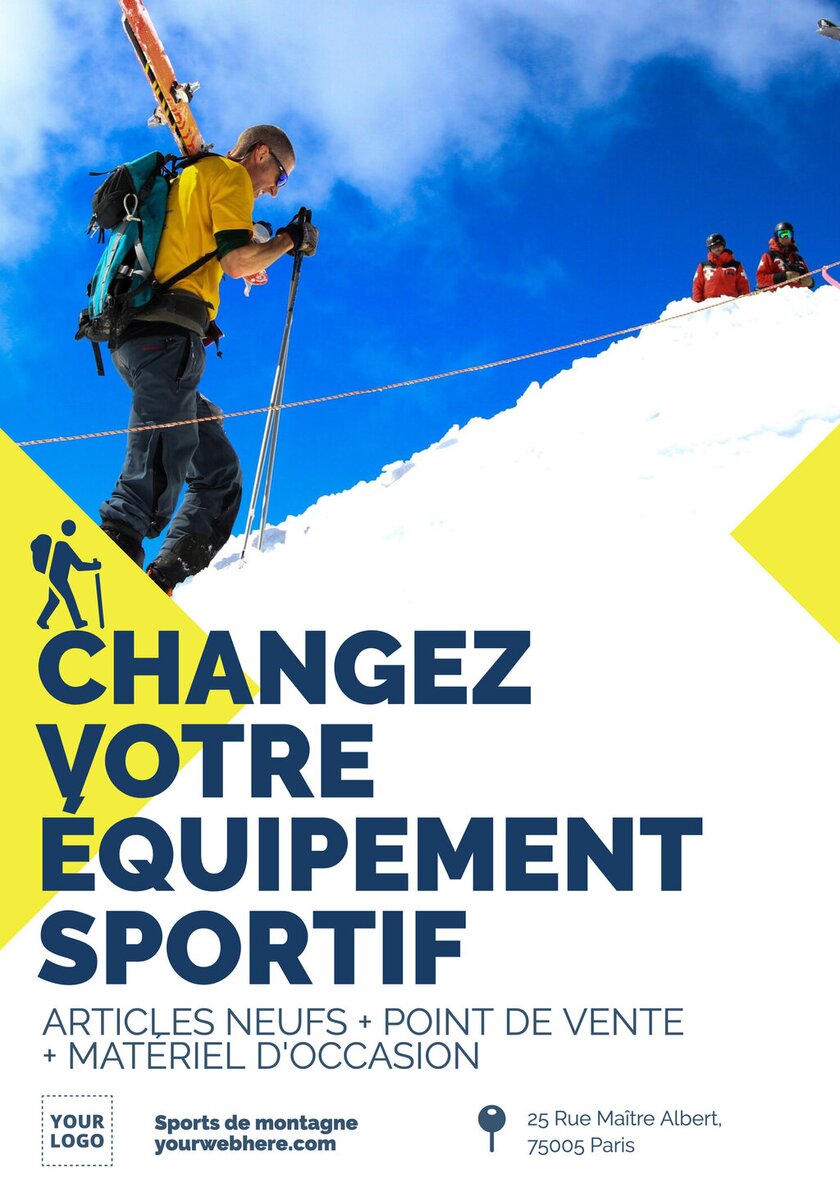 Modèle d'affiche promotionnel blanche et jaune éditable de magasin de montagne
