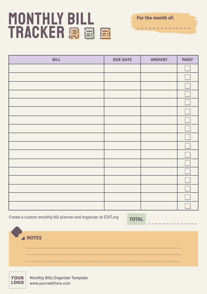 Free Monthly Bill Organizer Template - Templates Printable 2024