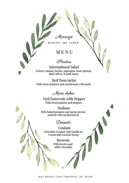 Wedding menu templates and cards