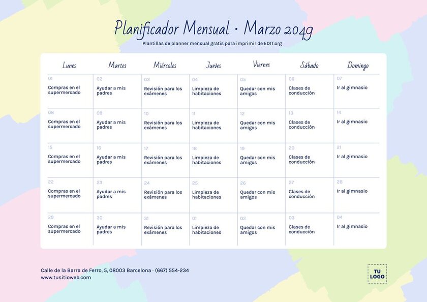 Plantilla calendario mensual personalizable online