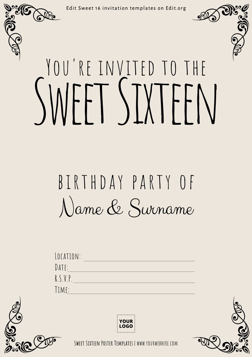 Editable Sweet 16 birthday invitations with picture